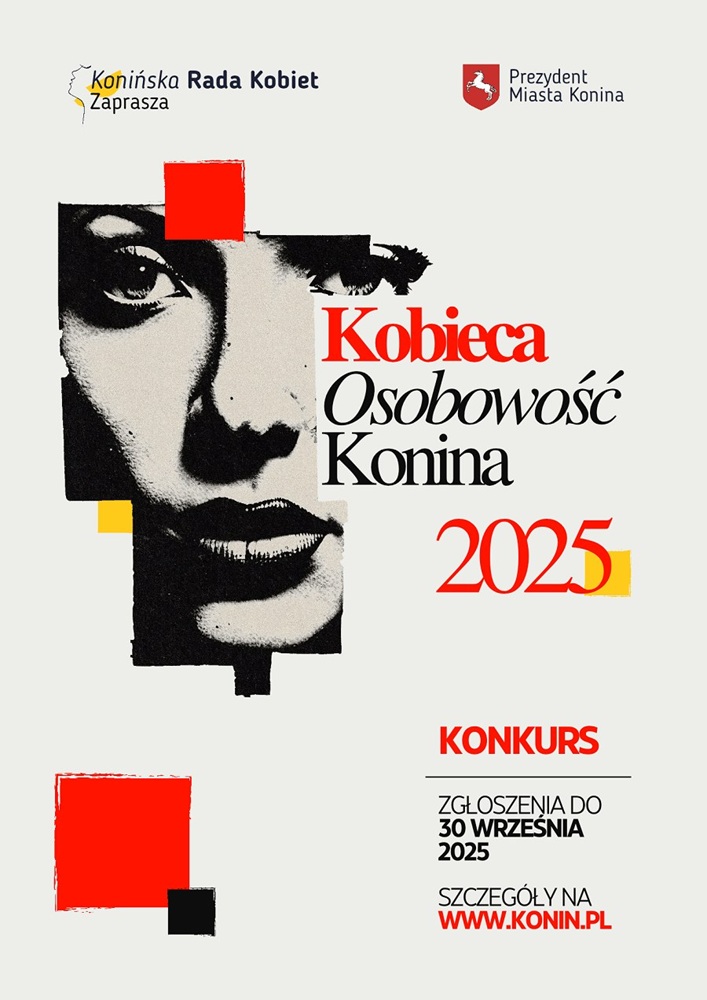 Wybierz Kobiecą Osobowość Konina. Na białym tle plakatu widać zarys twarzy kobiecej oraz nazwę konkursu i niezbędne dane.