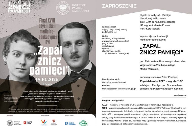 „Zapal znicz pamięci”. Na grafice, z lewej strony, jest zdjęcie Aleksandra Kurowskiego z żoną i - z prawej - program obchodów.