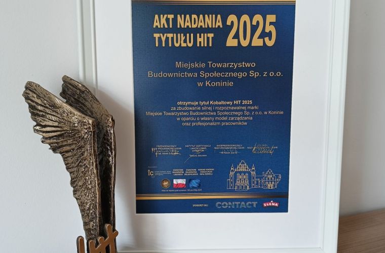 MTBS z kobaltowym HIT-em. Na zdjęciu widać statuetkę - skrzydła z napisem HIT oraz dyplom.