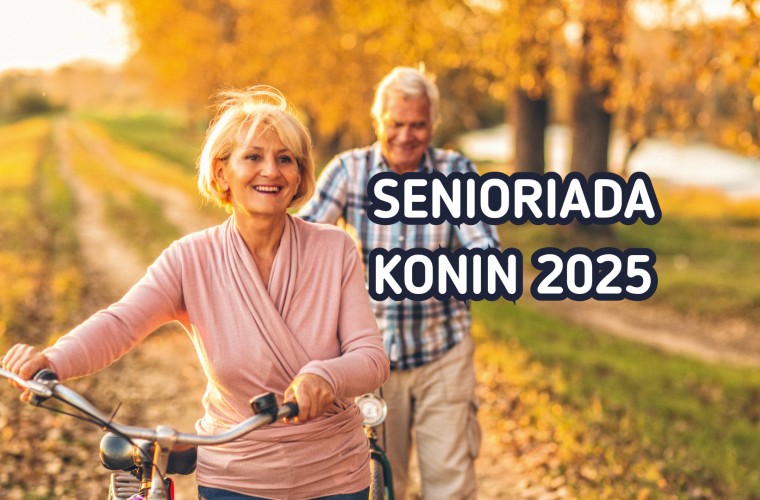 Senioriada 2025. Na plakacie jest kobieta prowadząca rower, za nią mężczyzna, obok nich napis Senioriada Konin 2025