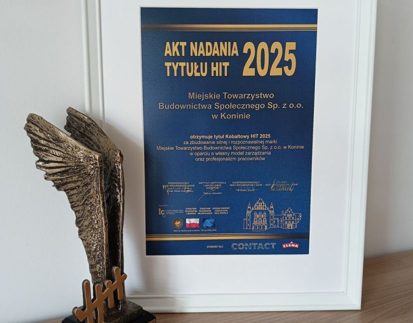 MTBS z kobaltowym HIT-em. Na zdjęciu widać statuetkę - skrzydła z napisem HIT oraz dyplom.