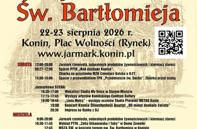Tradycja, rzemiosło i smaki – w ten weekend Jarmark św. Bartłomieja. Na górze plakatu czerwonymi literami jestwypisany tytuł wydarzenia, pod nim drobnym maczkiem cały program, na dole strony logotypy partnerów.