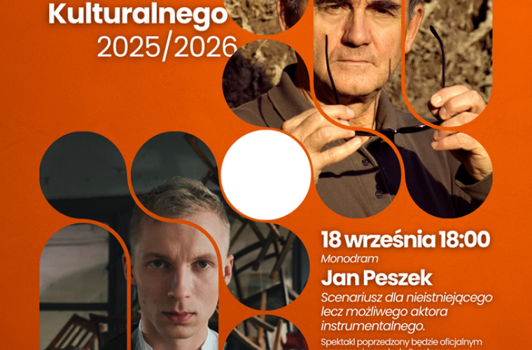 Inauguracja Roku Kulturalnego w Koninie - na pomarańczowym plakacie widać Jana Peszka i Igora Herbuta oraz dane dotyczące wydarzenia