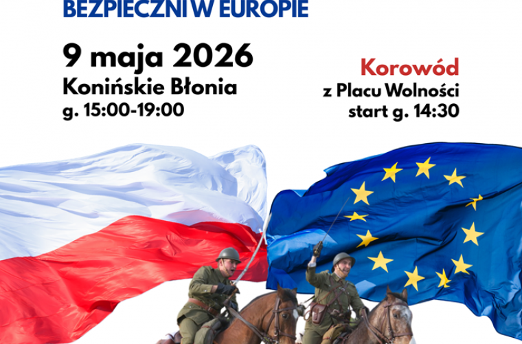 Święto patriotyzmu na konińskich błoniach. Na grafice jest flaga biało-czerwona oraz flaga Unii Europejskiej w rękach ułanów, nazwa i data wydarzenia.