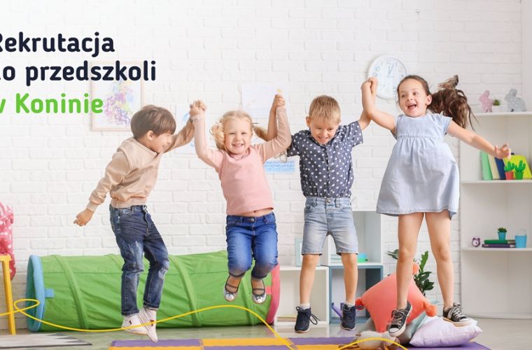 Trwa rekrutacja do przedszkoli w Koninie. Na grafice jest kiloro dzieci, trzymają się za ręce i podskakują. Obok nich napis - rekrutacja  do przedszkoli w Koninie