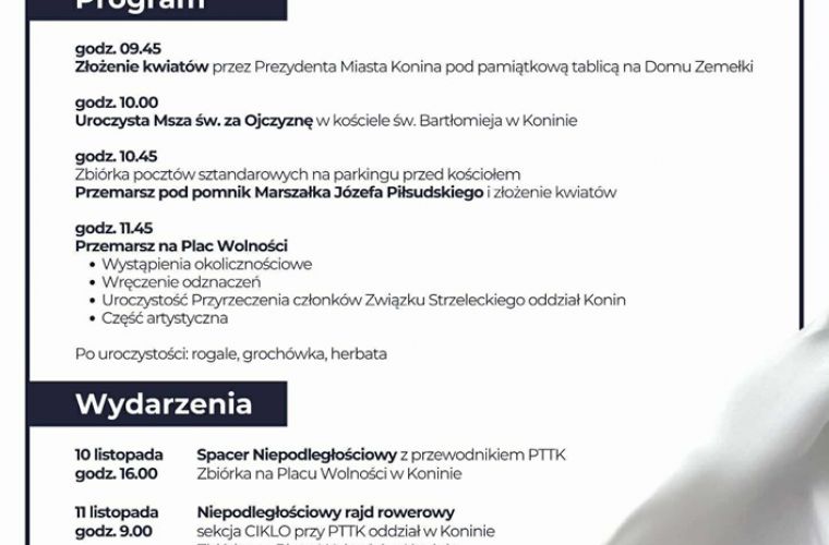 Narodowe Święto Niepodległości w Koninie z góralskim akcentem. Plakat przedstawia program obchodów.