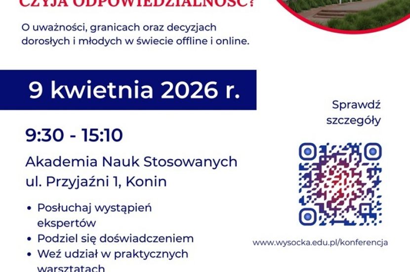 Konin zaprasza do dyskusji o bezpiecznej szkole. Na plakacie są informacje praktyczne dotyczące konferencji wraz z kodem QR.