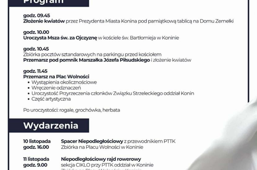 Narodowe Święto Niepodległości w Koninie z góralskim akcentem. Plakat przedstawia program obchodów.