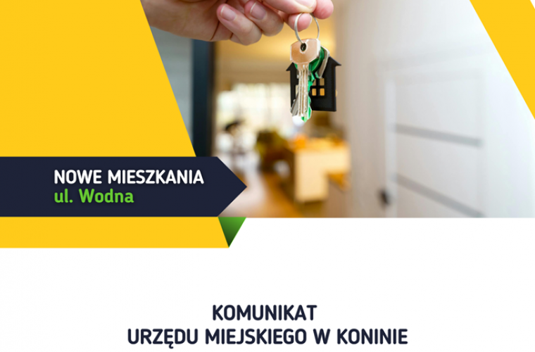 Nabór wniosków o zawarcie umowy podnajmu lokali w budynku  przy ul. Wodnej w Koninie. Na zdjęciu widać grafikę przedstawiającą dłoń trzymającą klucz, na dole jest napis: Komunikat Urzędu Miejskiego w Koninie oraz Nabór wniosków o zawarcie umowy podnajmu.