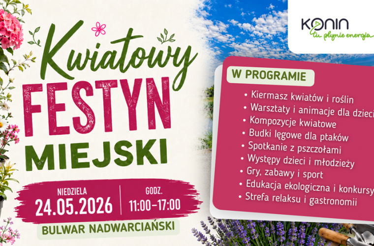 Konińska fiesta kwiatowa. Na grafice są w tle kwiaty, na pierwszym planie nazwa imprezy i po prawek na różowym tle - jej program.