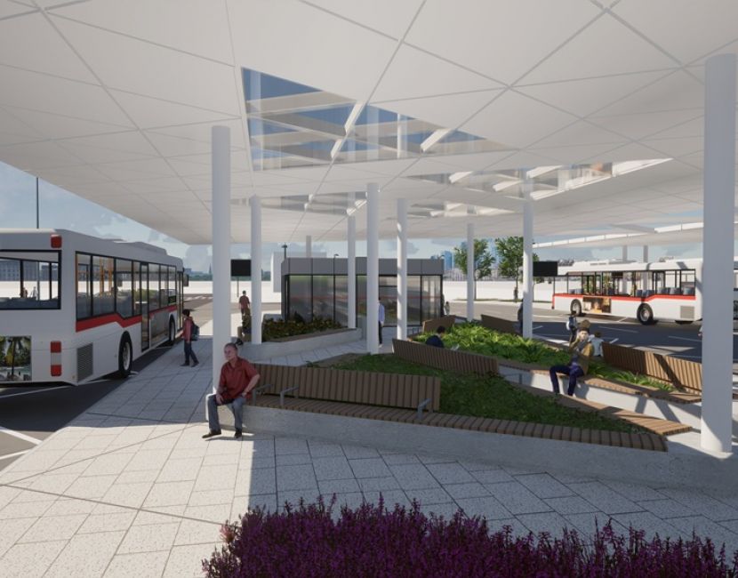 Uwaga! Zmiana lokalizacji przystanków przy Wieży Ciśnień. Na zdjęciu widać wizualizację węzła z zadaszonym przystankiem, poczekalnią i autobusem.