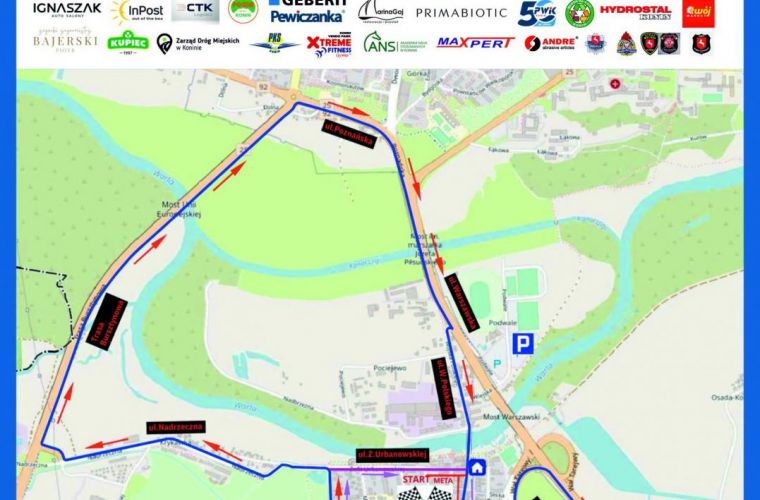 Zdjęcie przedstawia mapę z utrudnieniami w ruchu podczas 28. Ogólnopolskiego Biegu Milowego Słupa w Koninie