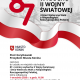 87. rocznica wybuchu II Wojny Światowej. Na białym tle grafiki powiewa biało-czerwona szarfa, tekst stanowi program wydarzenia.