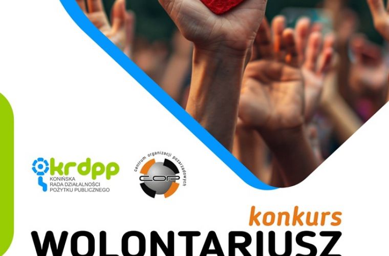 Konin wybiera wolontariuszy 2026 roku. Na grafice na białym tle  jest motyw serca na dłoni i informacje o konkursie.