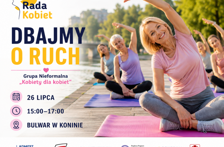 Dbajmy o ruch – międzypokoleniowe warsztaty dla kobiet. Na zdjęciu są z prawej strony kobiety ćwiczące jogę, z lewej informacje o projekcie.