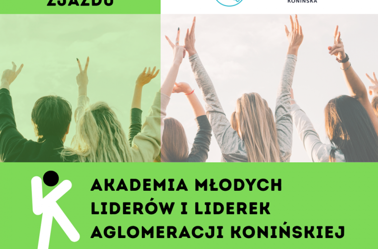 II Zjazd Akademii Młodych Liderów i Liderek Aglomeracji Konińskiej – czas pogłębiania kompetencji i pracy nad przyszłością regionu. Na grafice widać ludzi z uniesionymi dłońmi, logotypy i tytuł wydarzenia.
