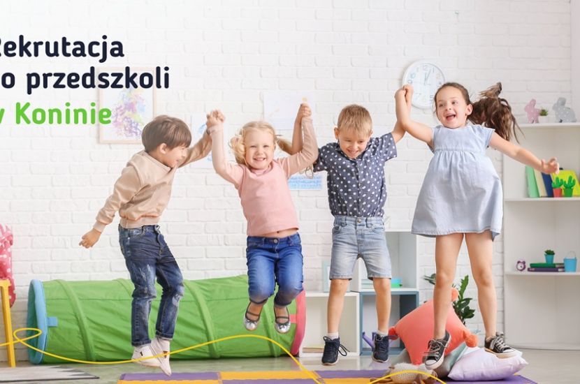 Trwa rekrutacja do przedszkoli w Koninie. Na grafice jest kiloro dzieci, trzymają się za ręce i podskakują. Obok nich napis - rekrutacja  do przedszkoli w Koninie