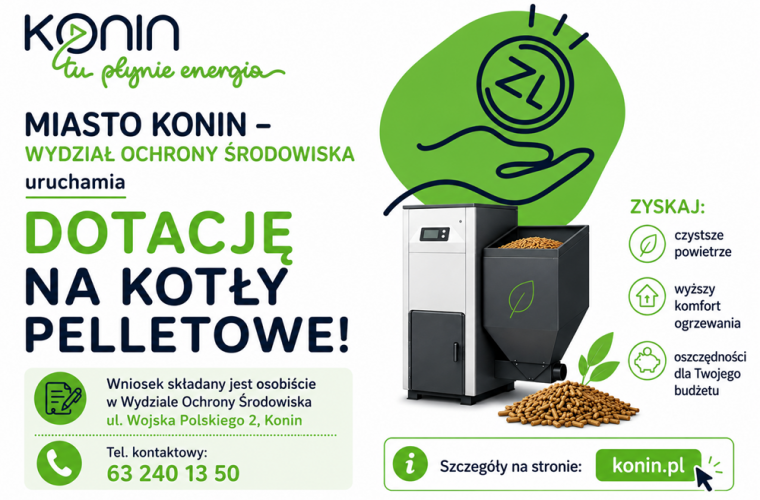 Dotacje dla mieszkańców na ekologiczne źródła ogrzewania. Na grafice w biało-czarno-zielonym kolorze widać tytuł programu, potrzebne dane i dwa piece.