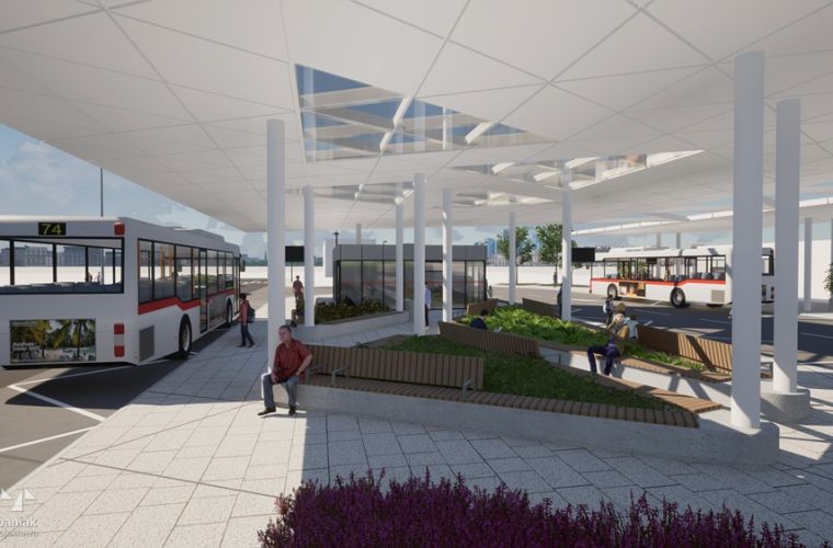 Uwaga! Zmiana lokalizacji przystanków przy Wieży Ciśnień. Na zdjęciu widać wizualizację węzła z zadaszonym przystankiem, poczekalnią i autobusem.