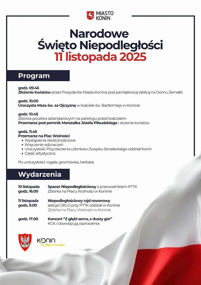 Narodowe Święto Niepodległości w Koninie z góralskim akcentem. Plakat przedstawia program obchodów.