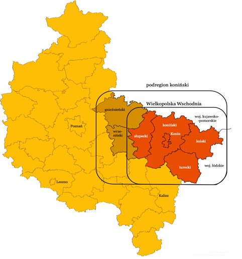 Mapa obszaru Wielkopolski wschodniej, źródło Agencja Rozwoju Regionalnego w Koninie