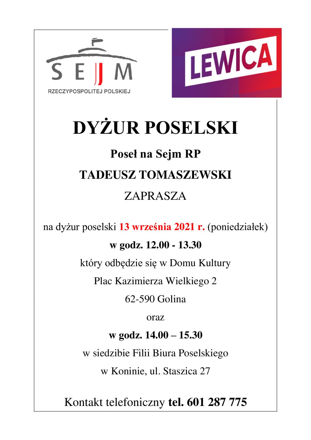 Dyżur poselski Poseł na Sejm RP Tadeusz Tomaszewski