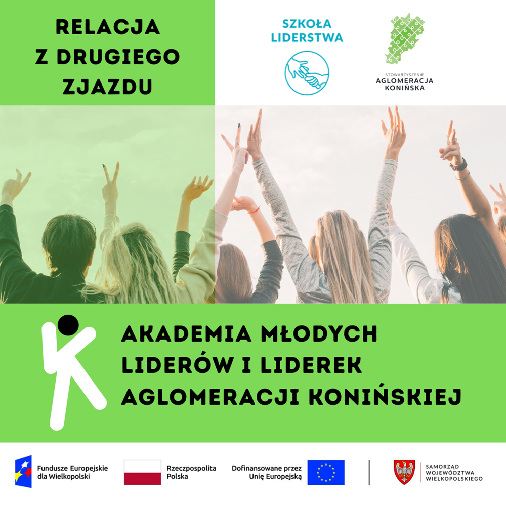 II Zjazd Akademii Młodych Liderów i Liderek Aglomeracji Konińskiej – czas pogłębiania kompetencji i pracy nad przyszłością regionu. Na grafice widać ludzi z uniesionymi dłońmi, logotypy i tytuł wydarzenia.