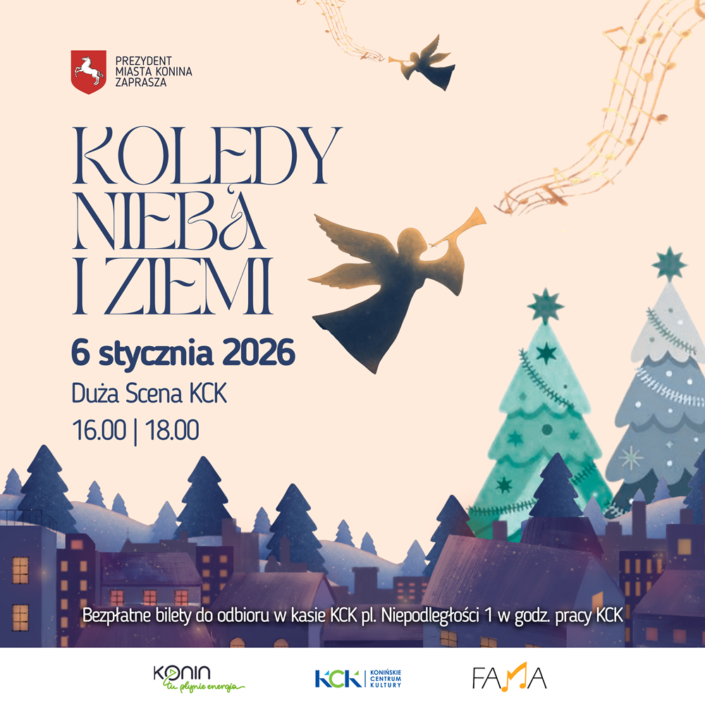 Wspólne kolędowanie w Święto Trzech Króli. Na plakacie widać anioła, choinki, tekst zaproszenia na koncert.