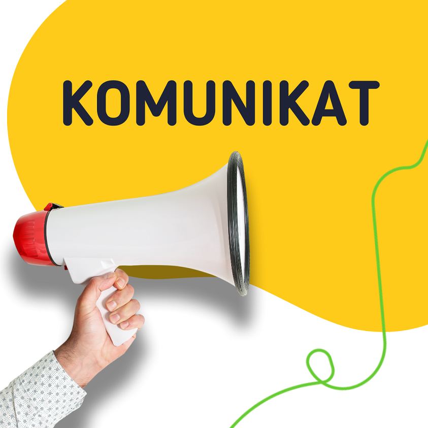 Komunikat ws. reorganizacji sieci przedszkoli w Koninie. Na grafice widać dłoń trzymającą megafon oraz napis Komunikat.