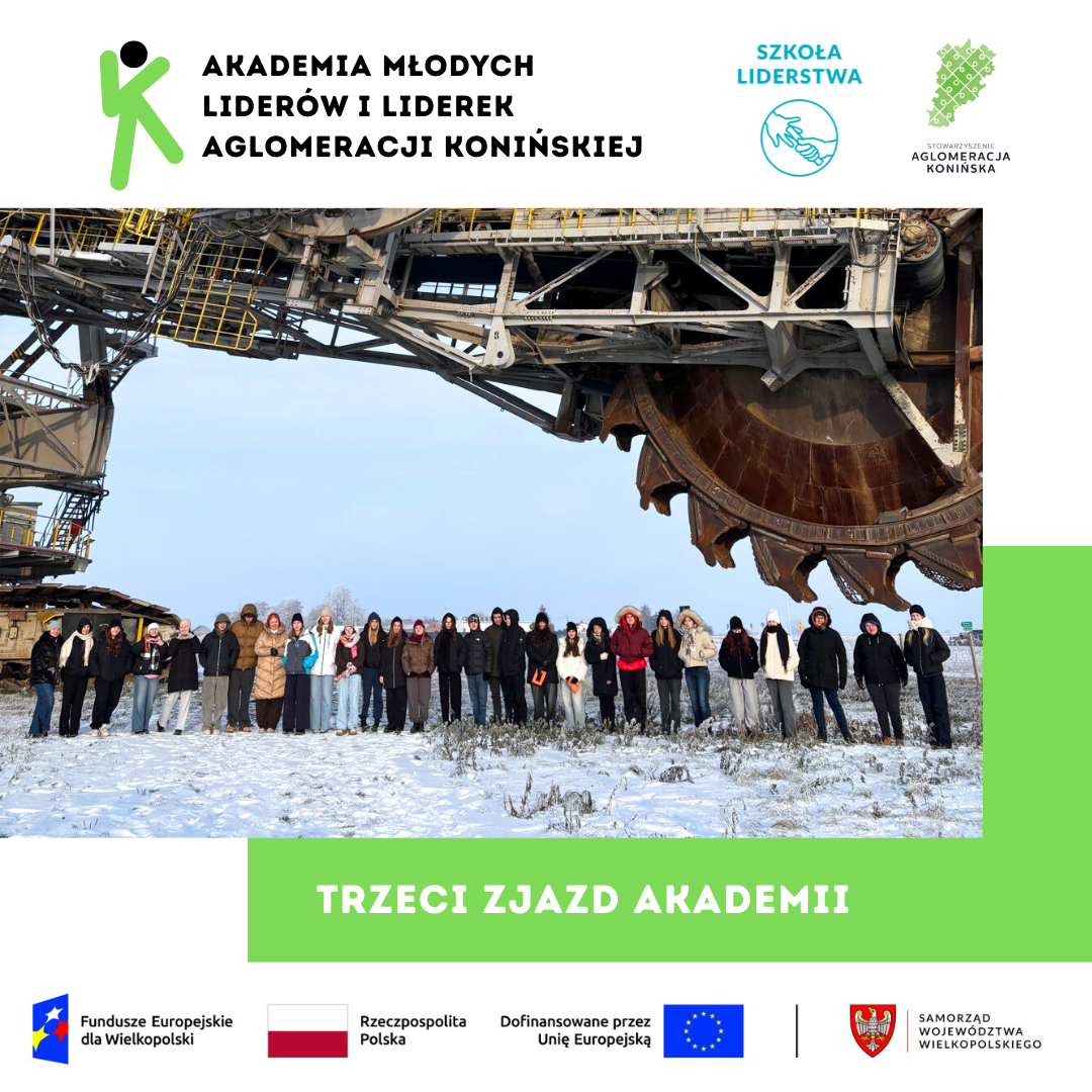 III zjazd Akademii Młodych Liderów i Liderek. Na grafice widać młodych liderów stojących pod ramieniem koparki Dolores.