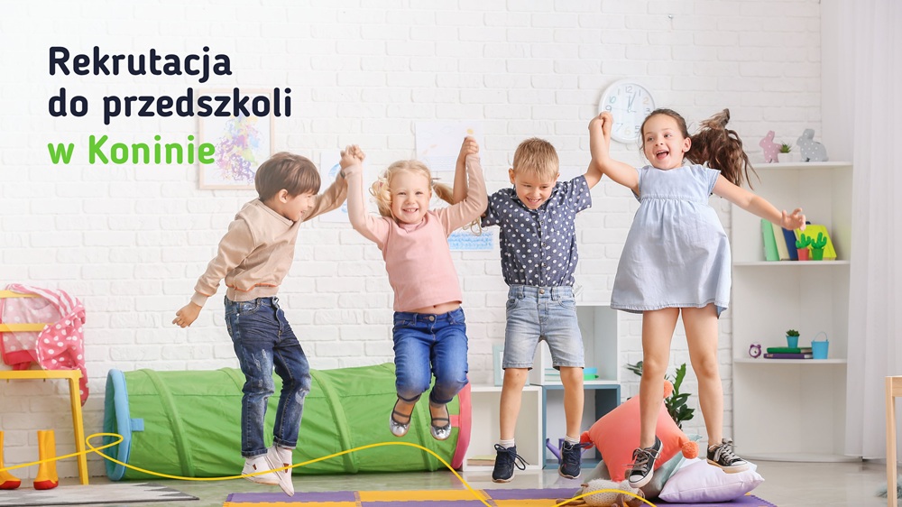 Trwa rekrutacja do przedszkoli w Koninie. Na grafice jest kiloro dzieci, trzymają się za ręce i podskakują. Obok nich napis - rekrutacja  do przedszkoli w Koninie