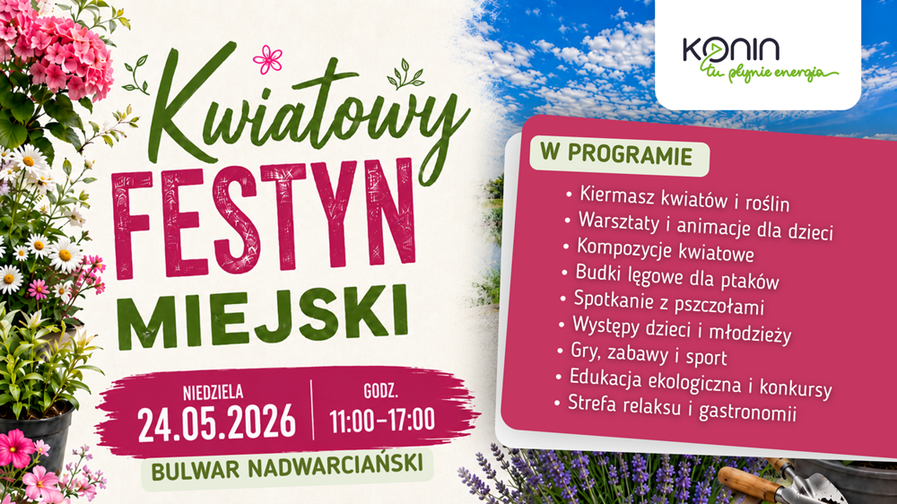 Konińska fiesta kwiatowa. Na grafice są w tle kwiaty, na pierwszym planie nazwa imprezy i po prawek na różowym tle - jej program.