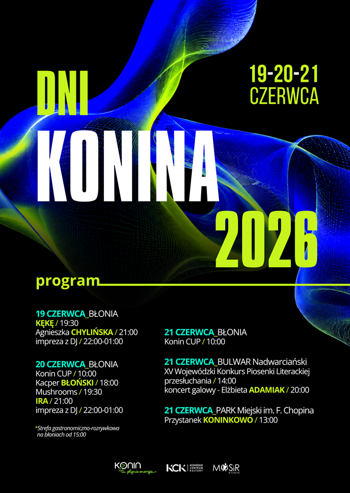 Dni Konina 2026. Plakat ilustrujący wydarzenie ma czarne tło z elementami niebieskimi, białe i jaskrawolimonkowe napisy z programem i datami.
