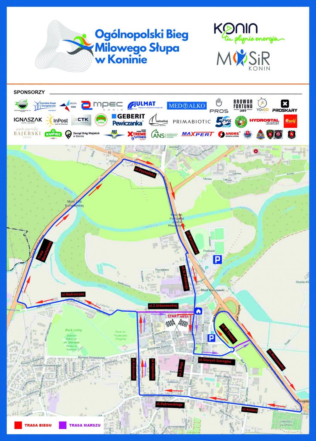 Zdjęcie przedstawia mapę z utrudnieniami w ruchu podczas 28. Ogólnopolskiego Biegu Milowego Słupa w Koninie