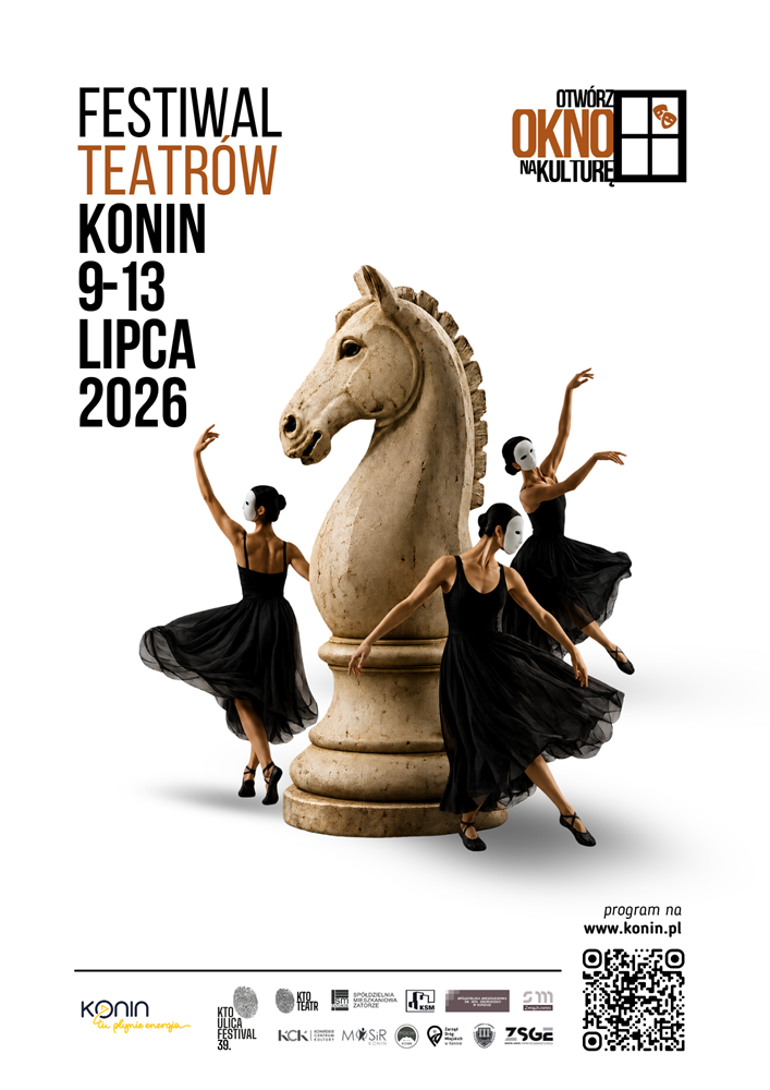 Teatr blisko ludzi. Otwórz OKNO na kulturę po raz szósty. Na grafice jest koń - pionek szachowy z tańczącymi wokół niego tancerkami oraz data i nazwa wydarzenia.