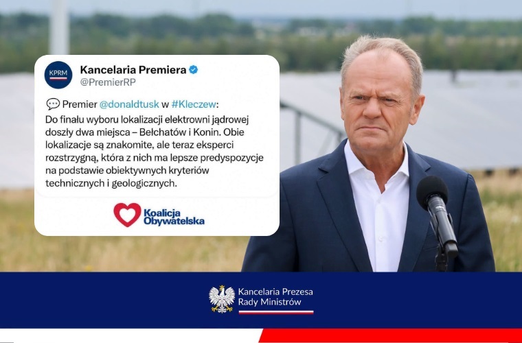 Na zdjęciu widzimy Premiera Donalda Tuska wypowiadającego się w sprawie elektrowni Atomowej w Koninie
