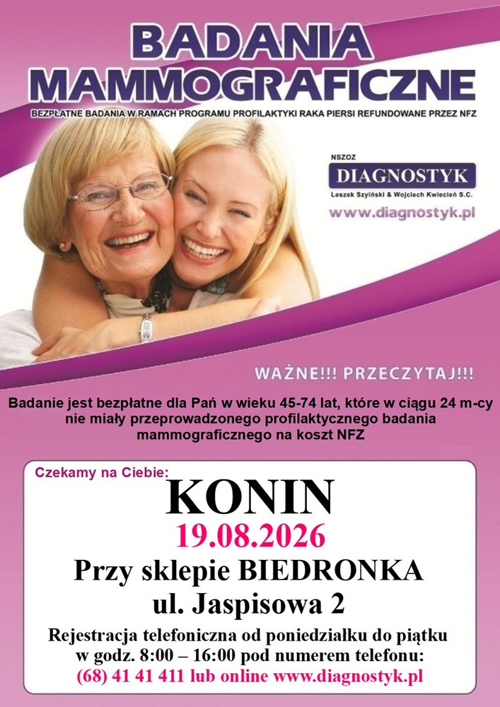 Bezpłatne badania mammograficzne w Koninie. Grafika utrzymana jest w biało-fioletowym kolorze, w centrum jest zdjęcie młodej kobiety obejmującej starszą panią, pod spodem napis o terminie i miejscu badania.