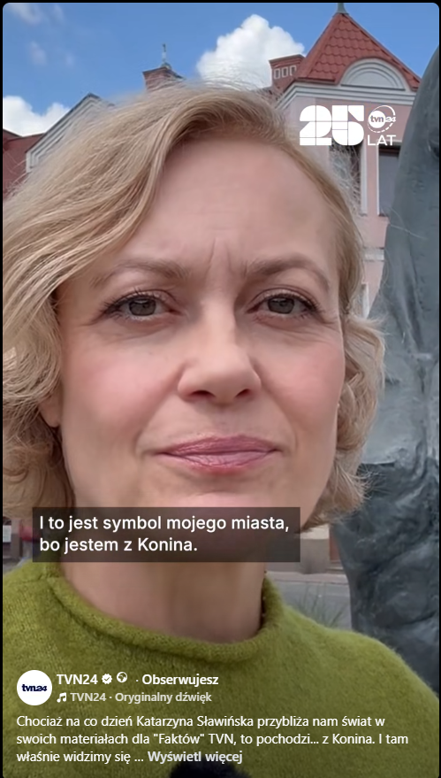Konin jednym z przystanków na urodzinowej trasie TVN „Jesteśmy stąd”. Na zdjęciu jest Katarzyna Sławińska zapowiadająca program na tle rzeźby konia.