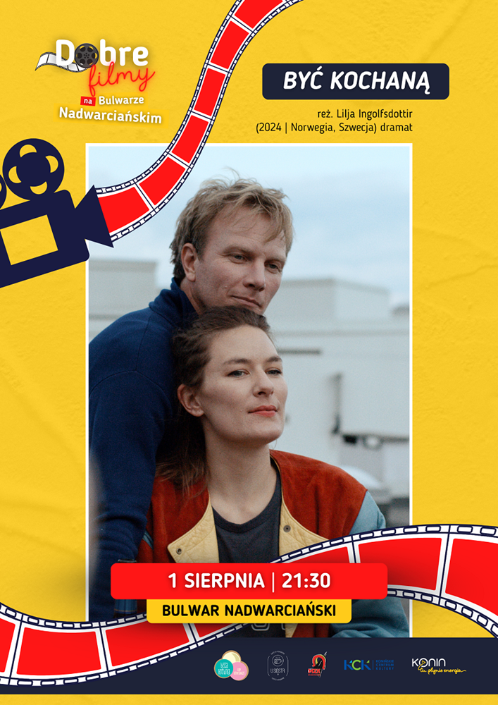 Nie ma lata bez „Dobrych Filmów na Bulwarze Nadwarciańskim”. Na grafice widoczne jest zdjęcie przytulonej do siebie pary, wokół żółte tło z taśmą filmową w górnym, lewym rogu i terminem oraz tytułem wydarzenia.