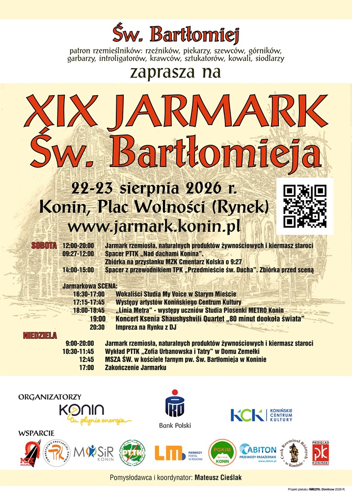 Tradycja, rzemiosło i smaki – w ten weekend Jarmark św. Bartłomieja. Na górze plakatu czerwonymi literami jestwypisany tytuł wydarzenia, pod nim drobnym maczkiem cały program, na dole strony logotypy partnerów.