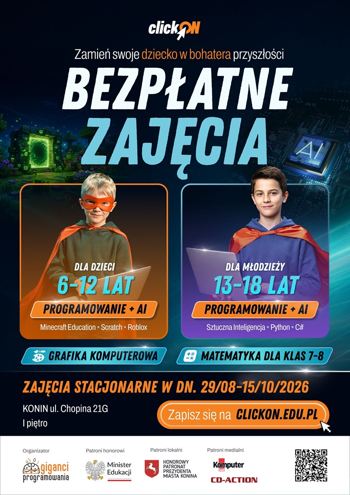 Zapraszamy na bezpłatne zajęcia „ClickON – Zamień swoje dziecko w bohatera przyszłości”. Grafika utrzymana jest w ciemnym kolorze z dodatkami pomarańczowymi, turkusowymi. Jest na niej tekst informujący o zajęciach oraz dwóch chłopców w pelerynach.