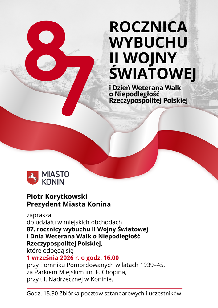 87. rocznica wybuchu II Wojny Światowej. Na białym tle grafiki powiewa biało-czerwona szarfa, tekst stanowi program wydarzenia.