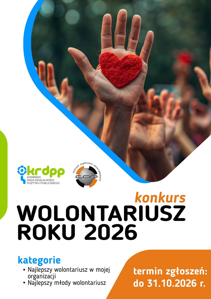 Konin wybiera wolontariuszy 2026 roku. Na grafice na białym tle  jest motyw serca na dłoni i informacje o konkursie.