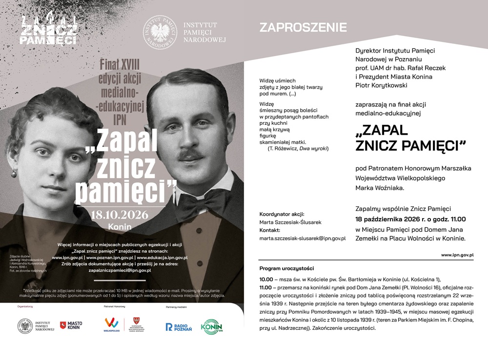 „Zapal znicz pamięci”. Na grafice, z lewej strony, jest zdjęcie Aleksandra Kurowskiego z żoną i - z prawej - program obchodów.