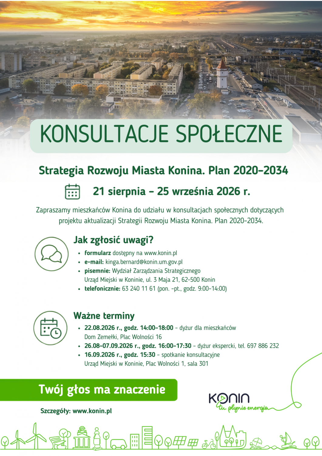 Plakat informujący o konsultacjach społecznych, których przedmiotem jest projekt  aktualizacji Strategii Rozwoju Miasta Konina. Plan 2020-2034